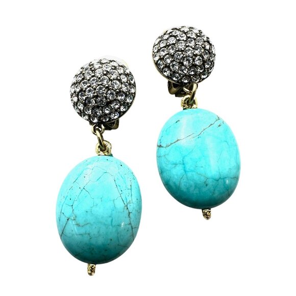Heidi Daus Crystal Faux Turquoise Bronze Clip Earrings Chandelier 2 Inch - Picture 1 of 3